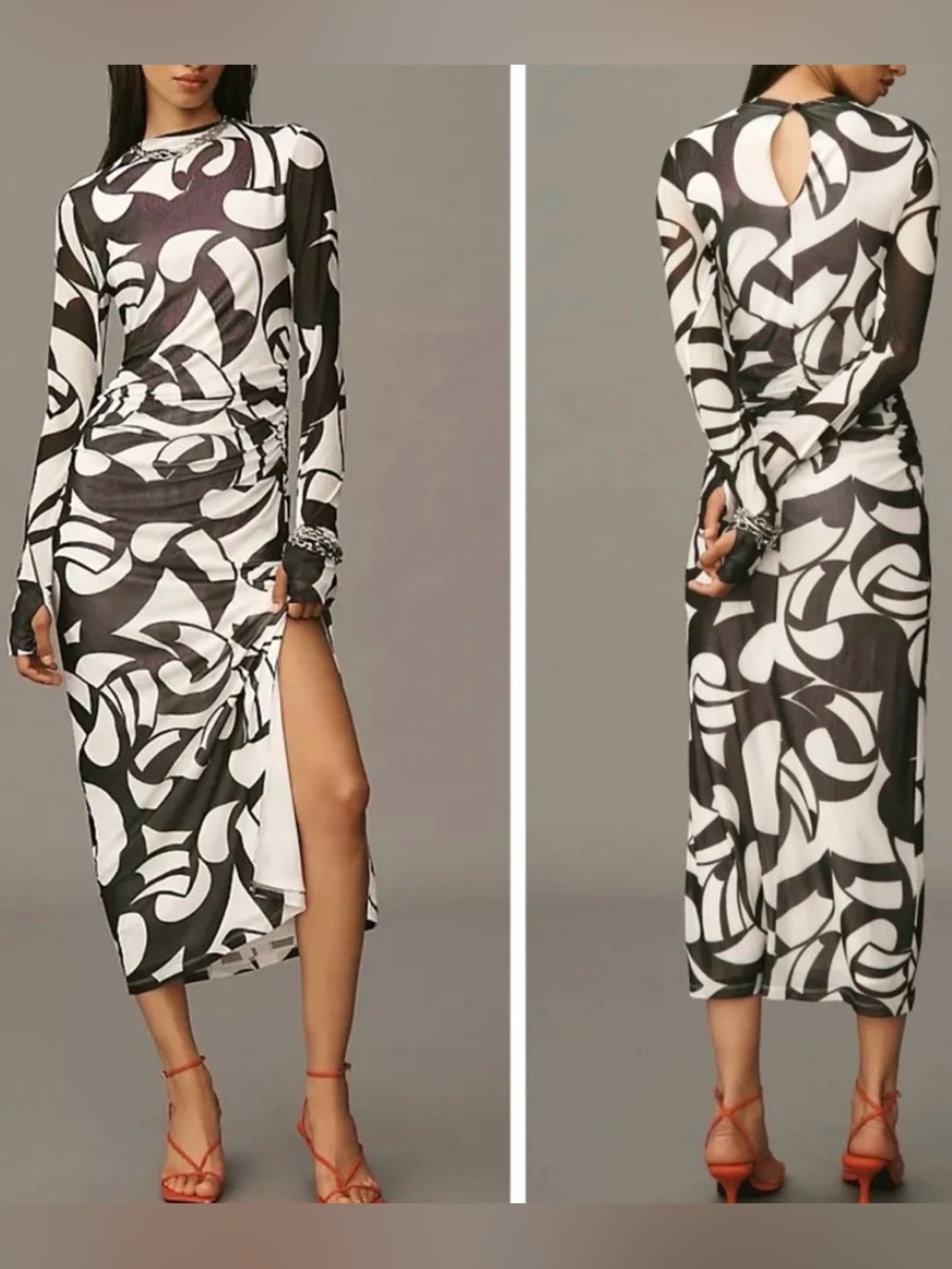 FARM Rio Abstract Print Mesh Midi Dress Long Sleeve Mock Neck Ruched Black White